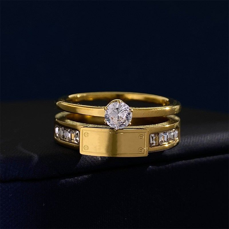 Net Red Titanium Steel Non-Fading Rectangular Letter Brand Six-Claw Diamond Ring Personality Ins Cold Wind Stainless Steel Ring - Image 1